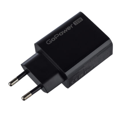 00-00030975 Сетевое зарядное устройство GPQC08, 1USB+1Type-C, 20Вт QC3.0, черный, GoPower